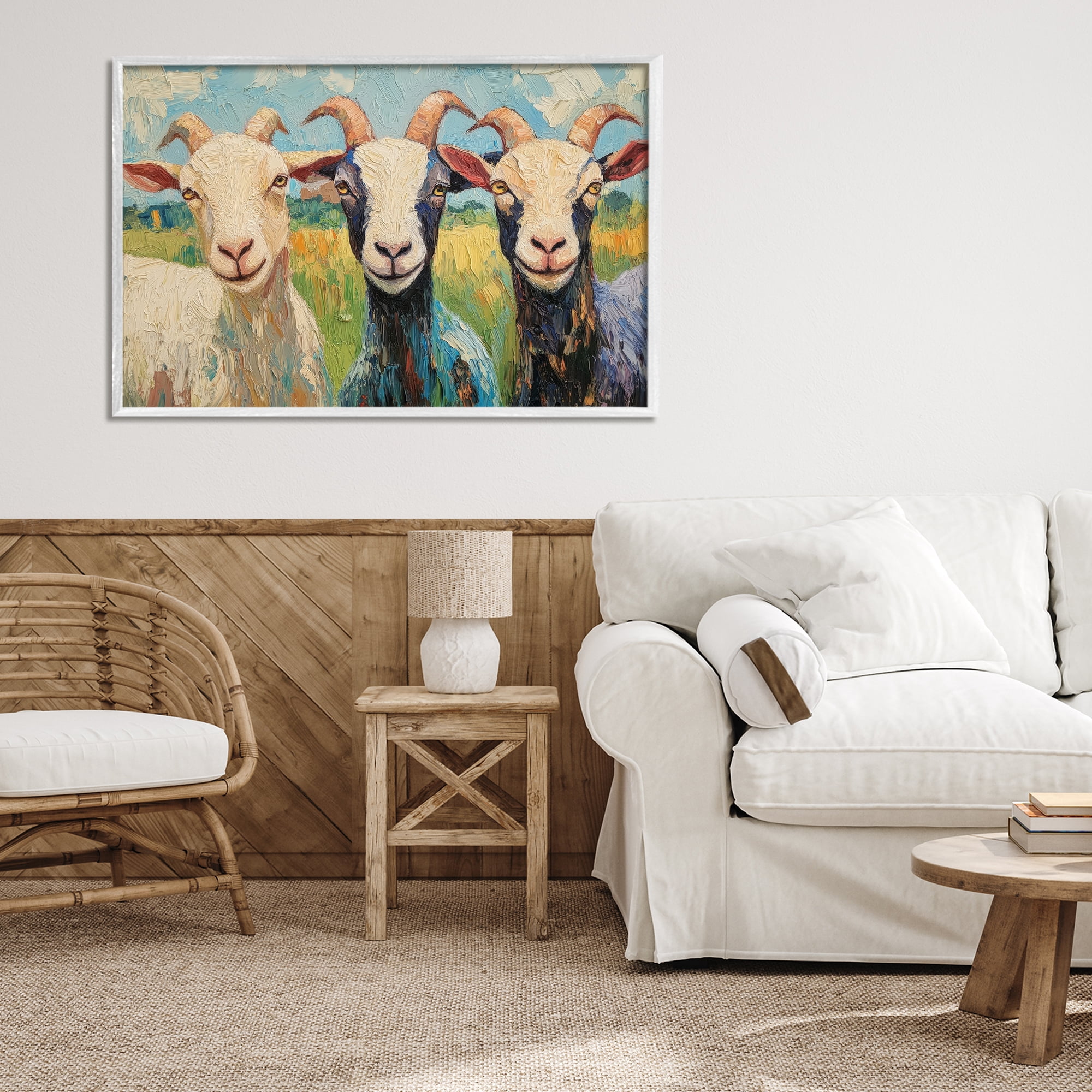 Stupell Industries Billy Goats in Bright Pasture White Framed Giclee Art, design by Petal Prints Design