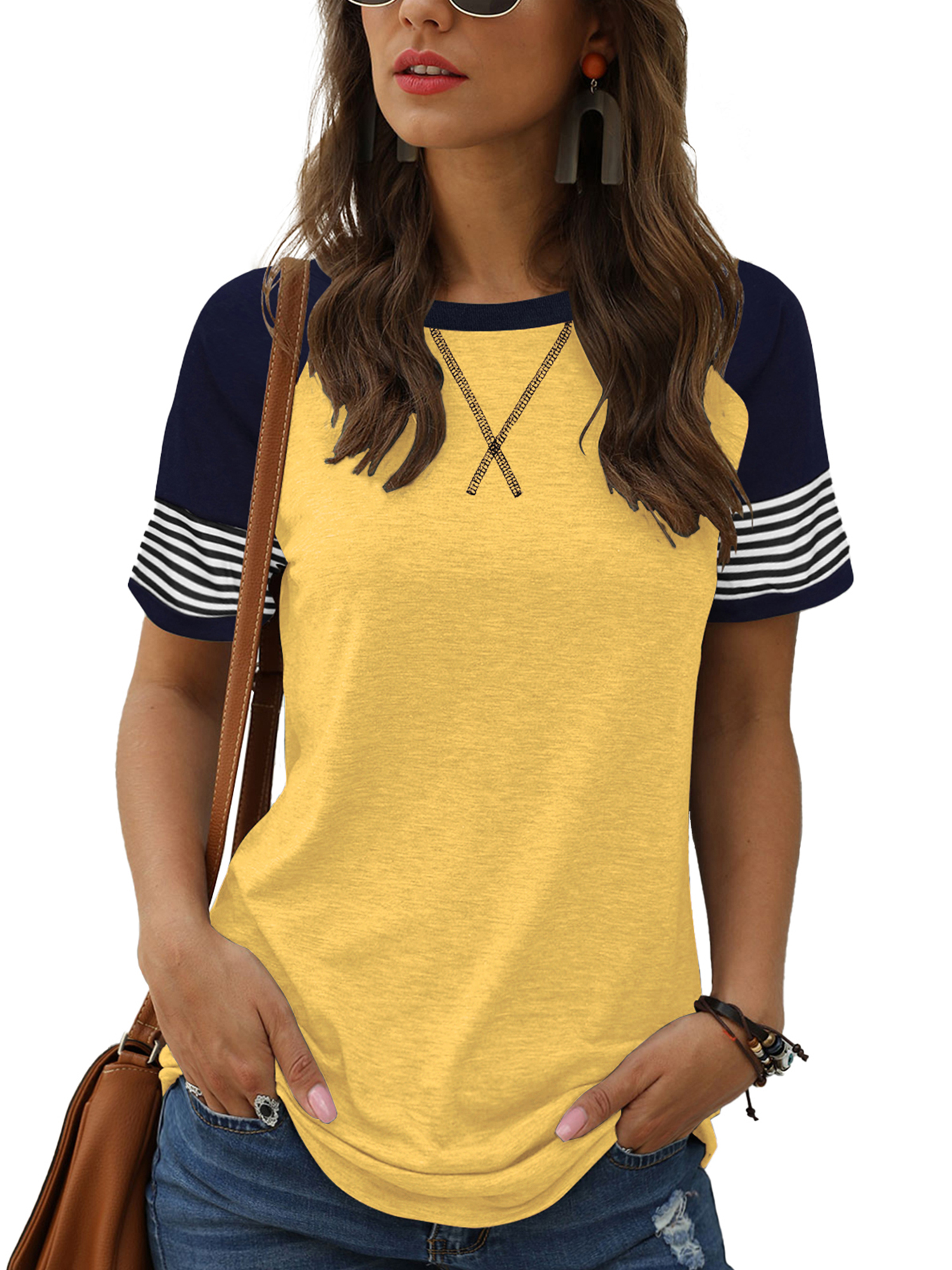 TEMOFON Summer Short Sleeve Tops for Women Color Block Casual Tunic Crew Neck Striped T Shirts Yellow Women Tops Size L
