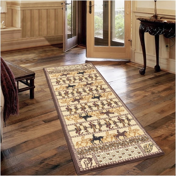 JERFIT Southwestern Area Rug 2'7"x7'3" Beige Western Cowboy Horse Design Polypropylene Runner Rug for High Traffic Areas