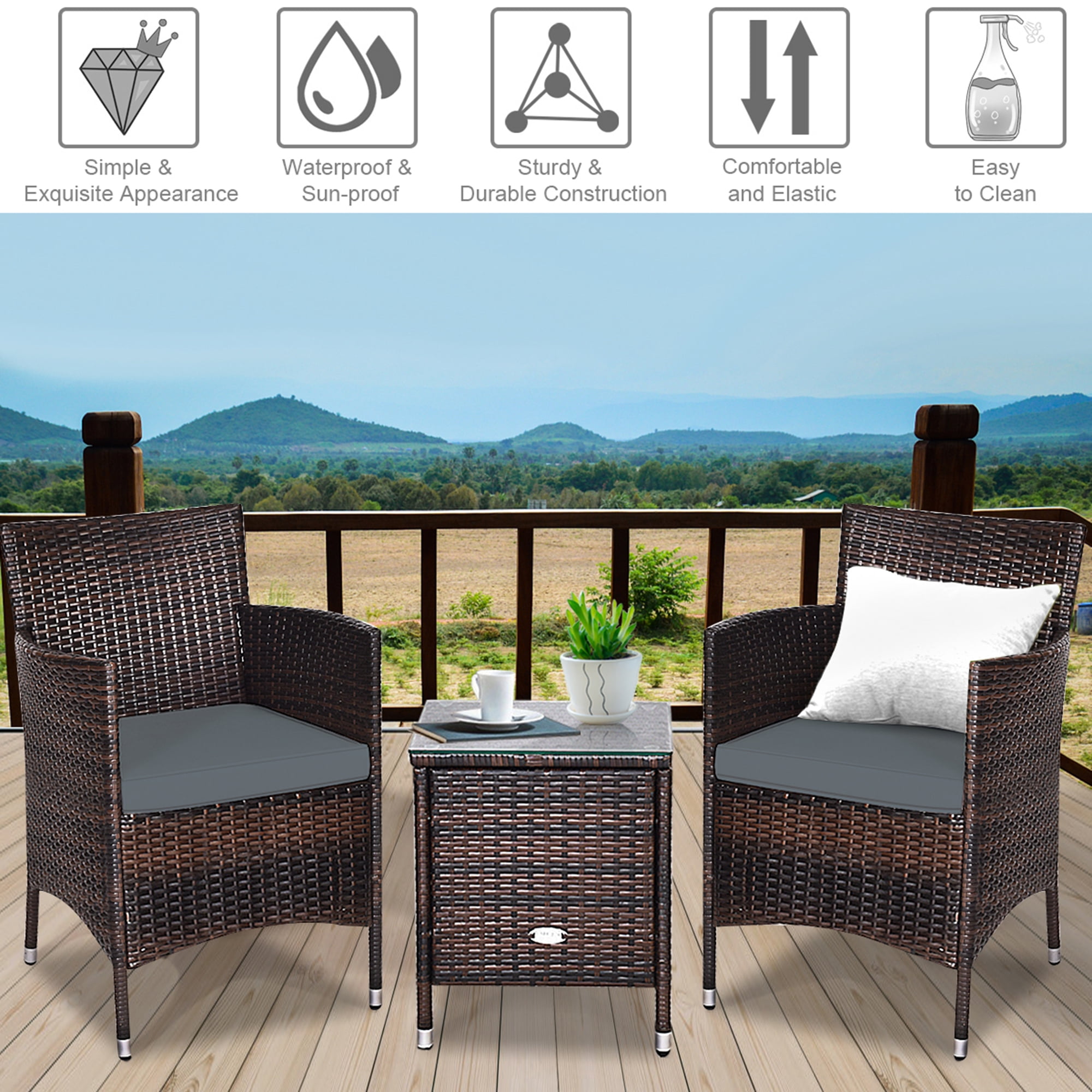 Gymax 3PCS Patio Rattan Chair & Table Furniture Set Outdoor w/ Grey Cushion