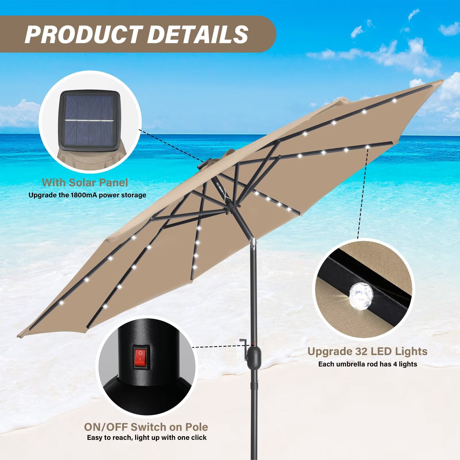 Simple Deluxe 9' Solar 32 LED Lighted Patio Umbrella Outdoor Table Market Umbrellas with Push Button Tilt/Crank for Garden, Deck, Backyard and Pool, Tan