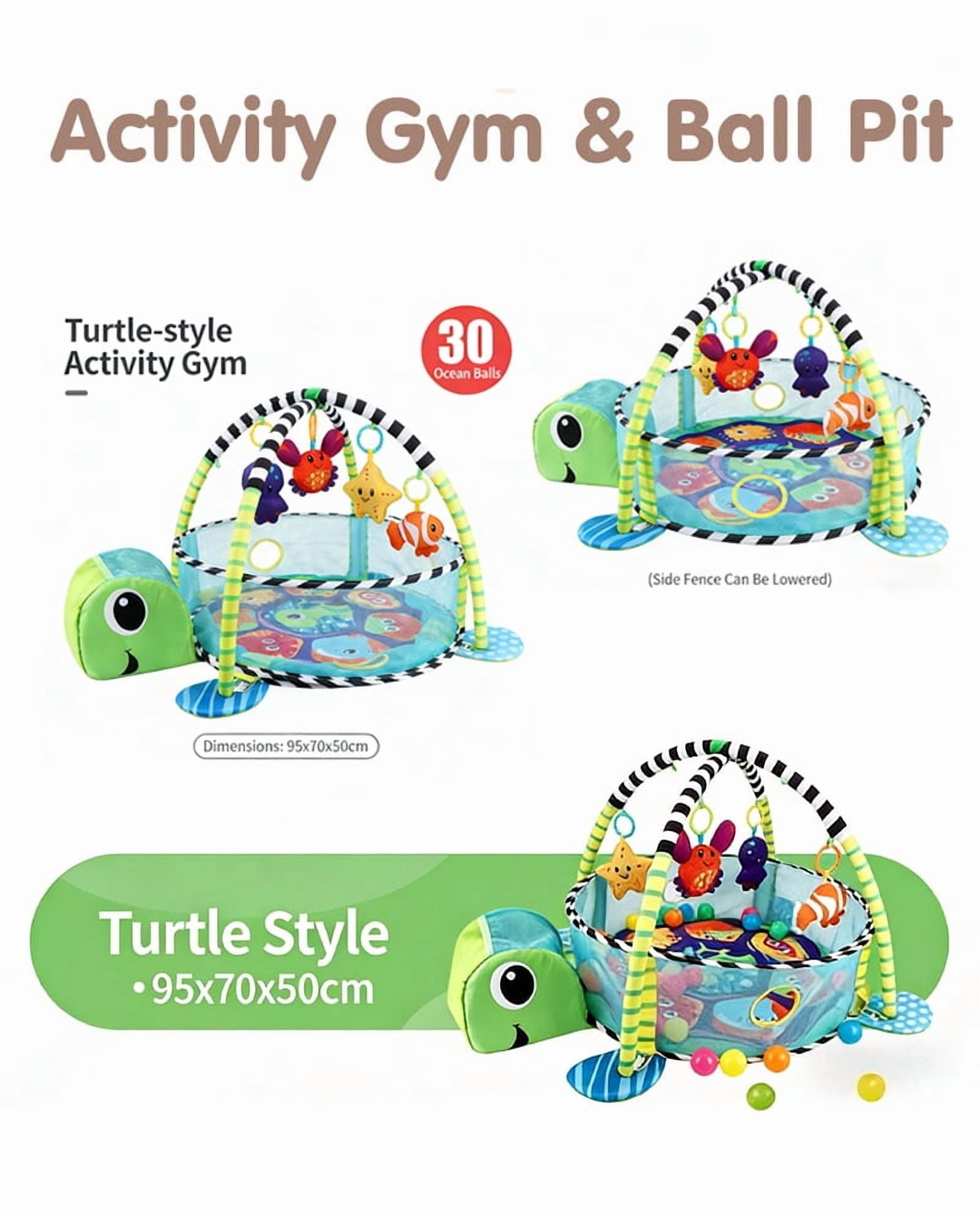 Cochildor Baby Play Gym Mat, 4 in 1 Turtle Tummy Time Activity Mat for Babies, with 30 Balls & 4 Detachable Sound Toys, Newborn Gift for Toddler Infants Age 0-36 Months