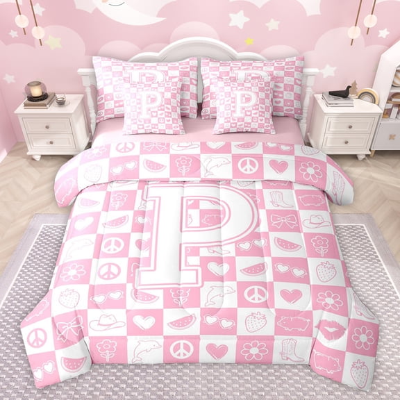 Feelyou Kawaii Pink Buffalo Bedding Comforter Set 7pcs for Girl, Initial P Letter Queen Bedding Sets, Princess Bowknot Floral Reversible Queen Sheet Sets, Lightweight Room Decor