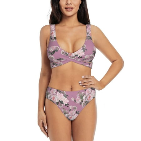 Bathing Suit For Women  Ligtt Pink Rose Flowers High Waisted Bikini Set Bathing Suit Cross Lace Up Swimsuit