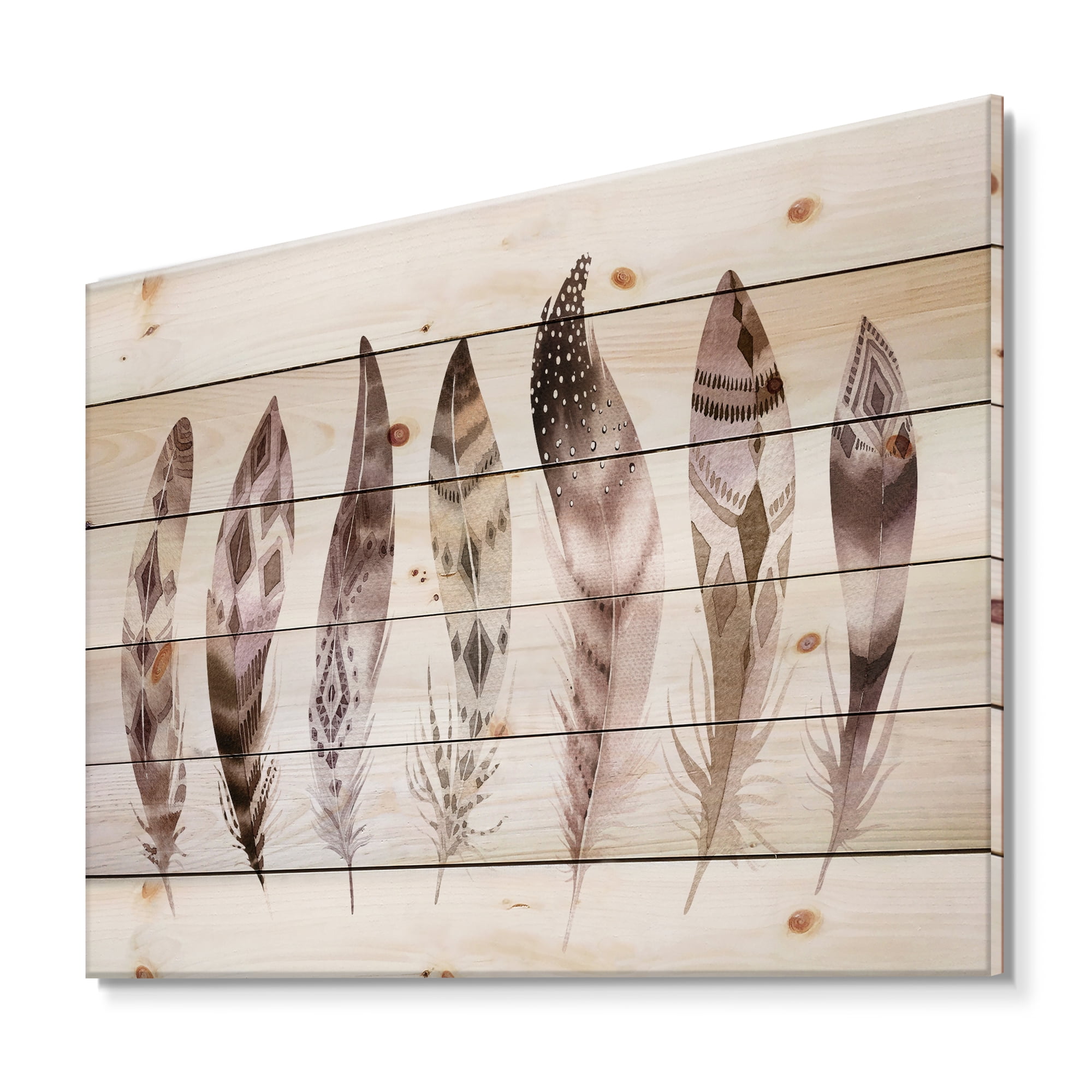 Designart 'Colourful Boho Art Feather Set X' Bohemian & Eclectic Print on Natural Pine Wood