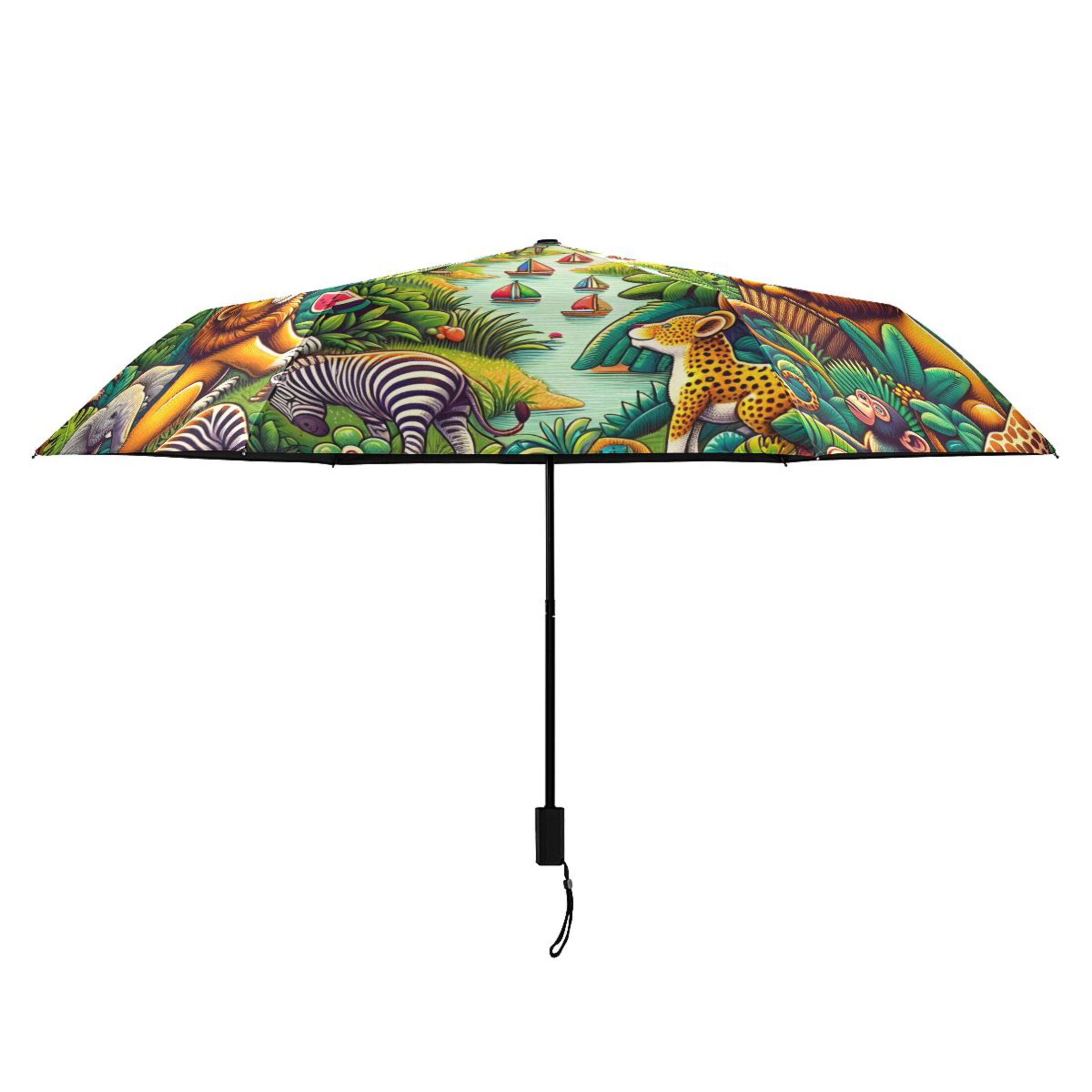 Jungle Animals and Hot Air Balloon Compact Sun Umbrella Windproof Travel Umbrellas for Rain Strong Portable UV Protection
