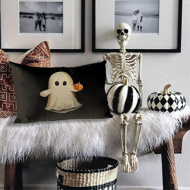Funda de almohada espeluznante de Halloween de 12.0 x 20.0 in, funda de almohada fantasma blanca, ojos negros