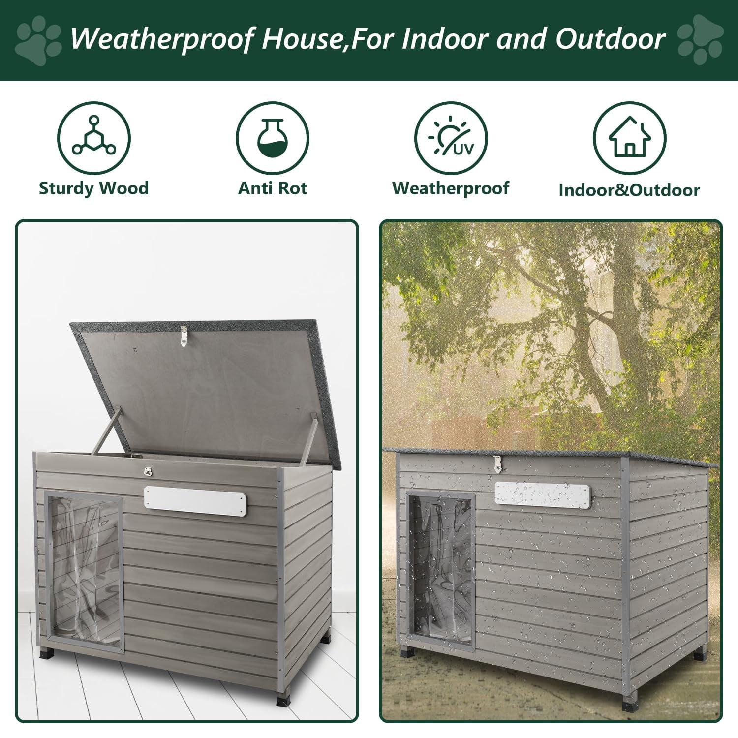 PETSCOSSET Outdoor Dog House - Waterproof Roof and Raised Feet - Gray