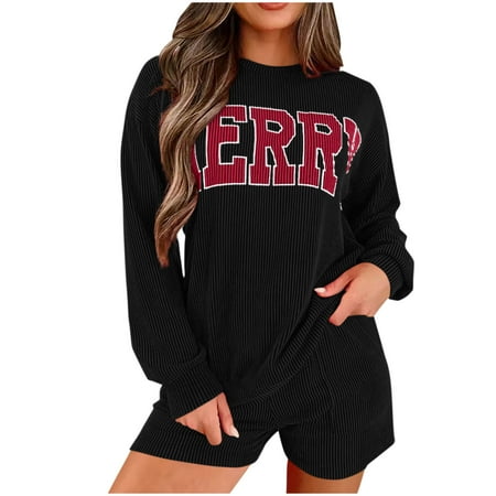 Lovskoo Women s Christmas Pajamas 2 Piece Lounge Sets Merry Letter Printed Corduroy Matching Outfits T-Shirt Shorts Sleepwear Loungewear Sweatsuits Black