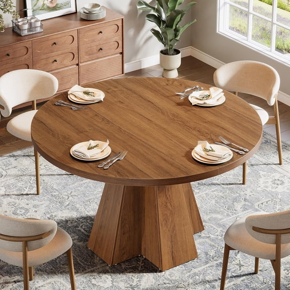 Finmind 47" Round Dining Table, Wood Kitchen Table with Sturdy Base for Dining Room or Kitchen, Walnut Brown
