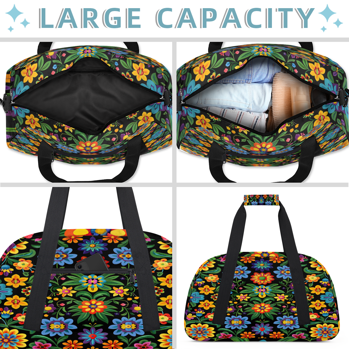 Herdesigns Sports Duffle Bags Travel Duffle Bag Gym Bag Mexico Floral Traditional Mexican Boho Weekender Travel Bag Waterproof Overnight Bag Carry On Travel Tote Bag Dance Bags