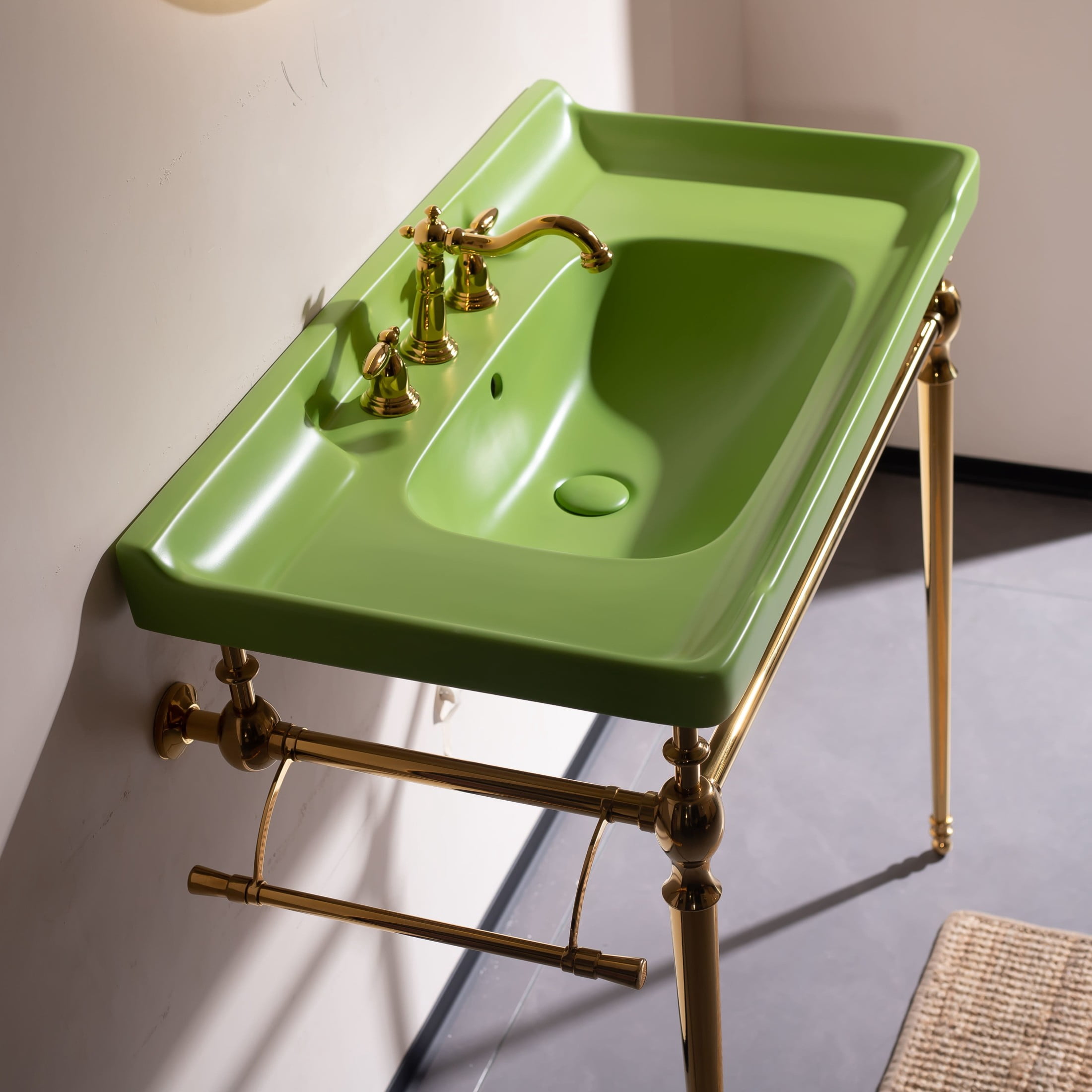 Noble House VICI 36" Bathroom Console Sink, Wall-Mounted Ceramic Basin Vanity with Stainless Steel Legs, Green & Gold