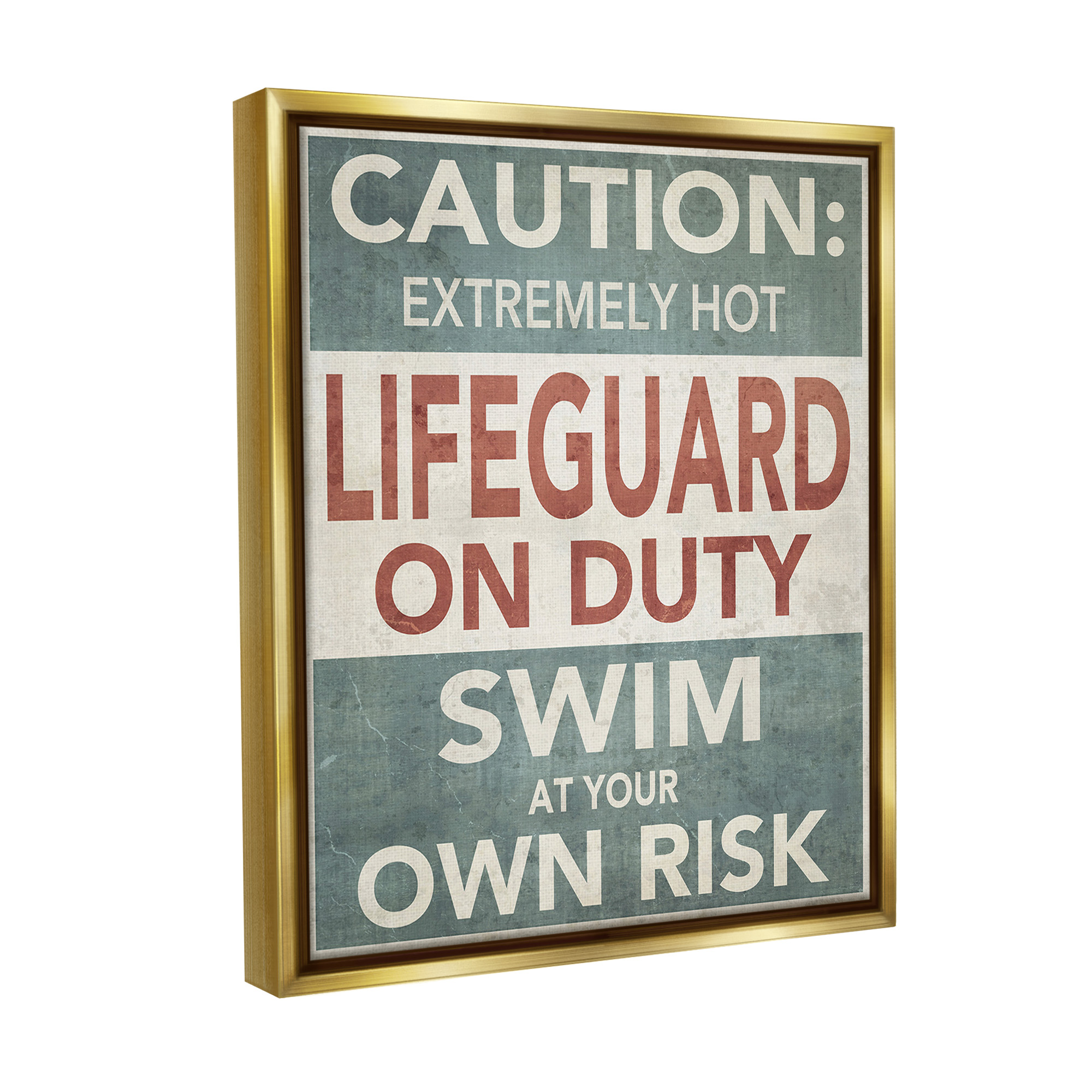 Stupell Industries Funny Swim at Own Risk Typography Painting Gold Floater Framed Canvas Art Print Wall Art, 17 x 21