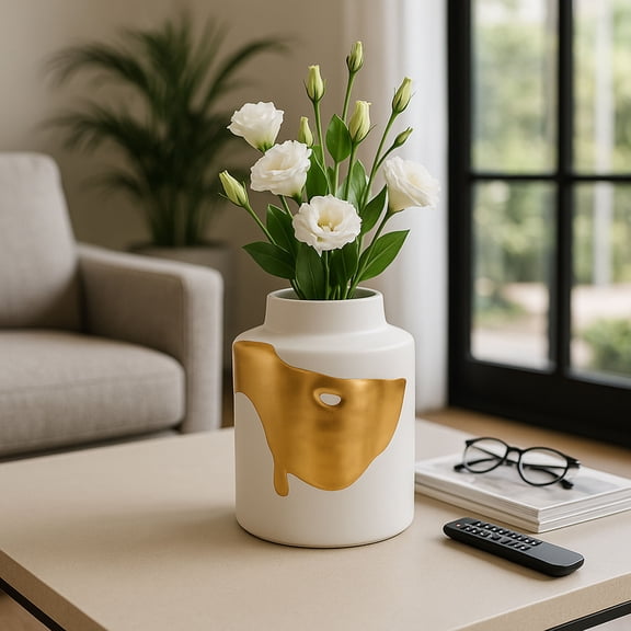Sagebrook Home Ceramic Vase with Abstract Pattern for Living Room Décor - Flower Vase for Console Table, Kitchen, and Home Décor - 10", White & Gold