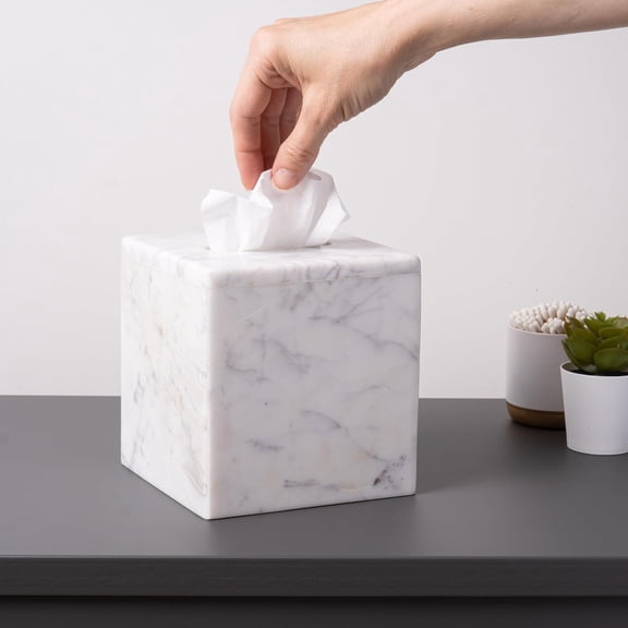 Marble Tissue Box Cover - Decorative Cube Style, Large Square Dispenser for Kleenex, Solid White Marble, Home/Bathroom Essential for Decor Enthusiasts