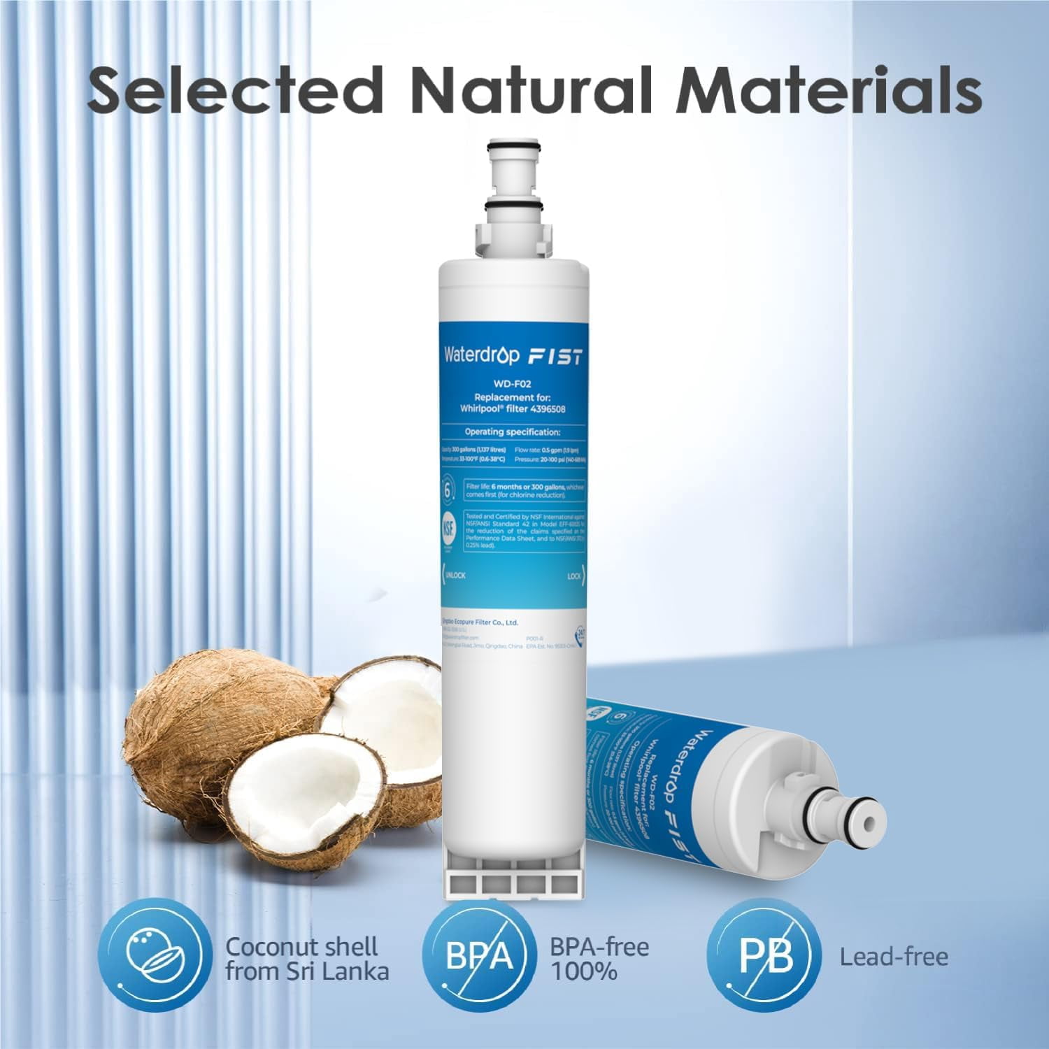 Waterdrop 4396508 Refrigerator Water Filter, Replacement for EveryDrop® Filter 5, EDR5RXD1 Whirlpool® 4396508, 4396510, Kenmore® 46-9010, 1 Pack