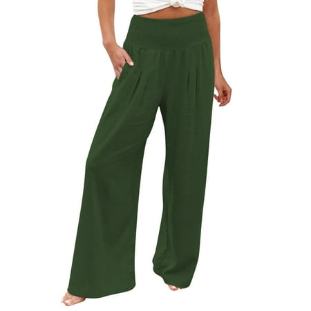 

Casual Pants for Women High Waist Wide Leg Palazzo Lounge Pants for Women Smocked Elastic Waist Loose Comfy Casual Pajama Pants Pockets Cotton Linen Green