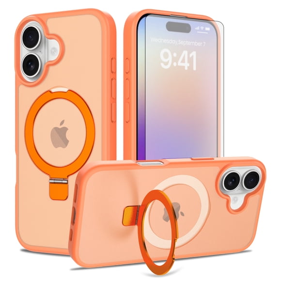 Asuwish Étui de Téléphone pour iPhone 17 6,3 Pouces Protecteur d'Écran en Verre Trempé Support Pliant Magnétique Givré Translucide Robuste Antichoc Étui de Protection pour Cellulaire i Phone17 i17 17Case Femmes Hommes Orange
