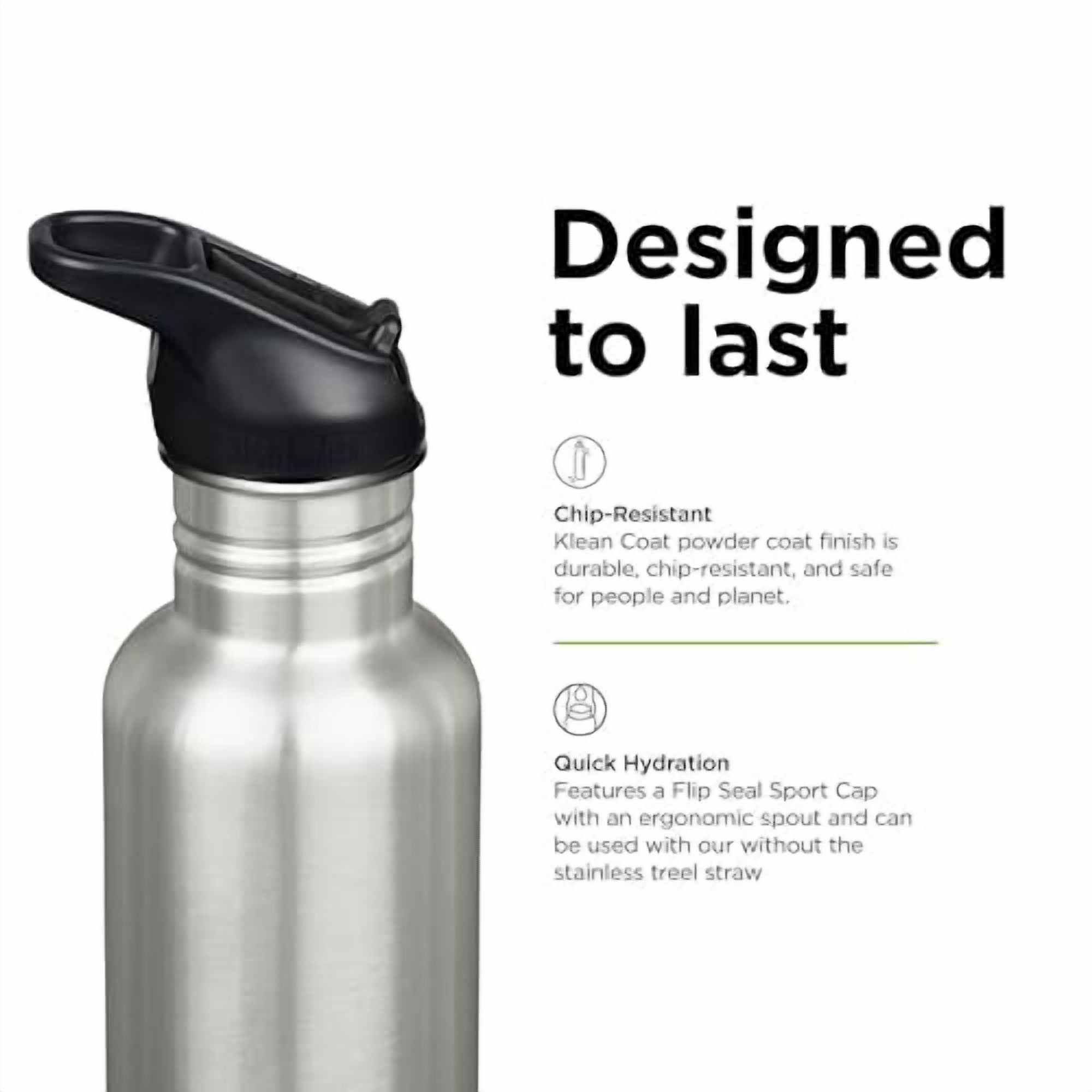 Klean Kanteen 27 oz Classic Water Bottle with Flip Seal Sport Cap & Straw - 100% Leakproof Spout & Cap - Durable, BPA-Free & Stainless Steel Material - Easy-Sip Water Bottle - Brushed