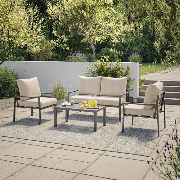 CorLiving Eden Deluxe 4-Piece Aluminum Outdoor Patio Conversation Set with Chairs, Loveseat, and Table