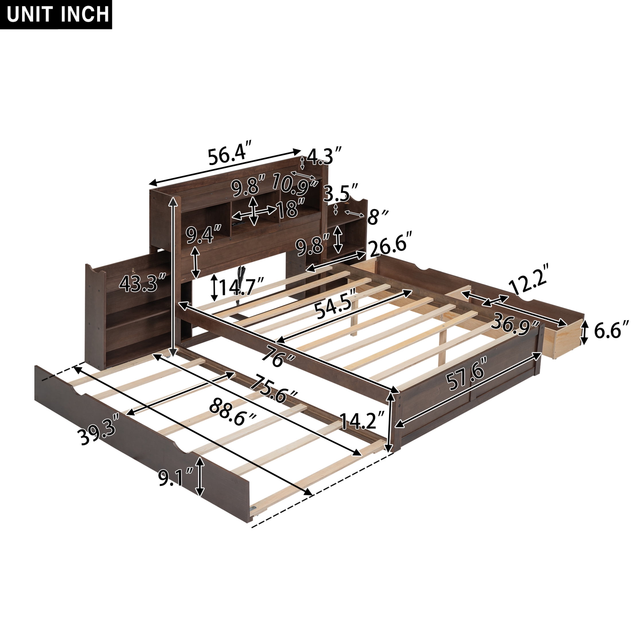 Noble House Full Size Storage Platform Bed with Pull Out Shelves, Twin Trundle and Drawers, Solid Wood Frame, Espresso