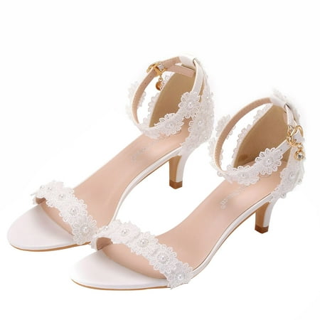 

1Pair Pointy Lace High-heeled Shoes Bride Wedding High Heels (White)