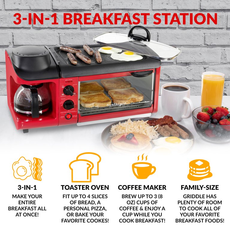 Nostalgia BST3RR 3-in-1 Family Size Breakfast Station Retro Red