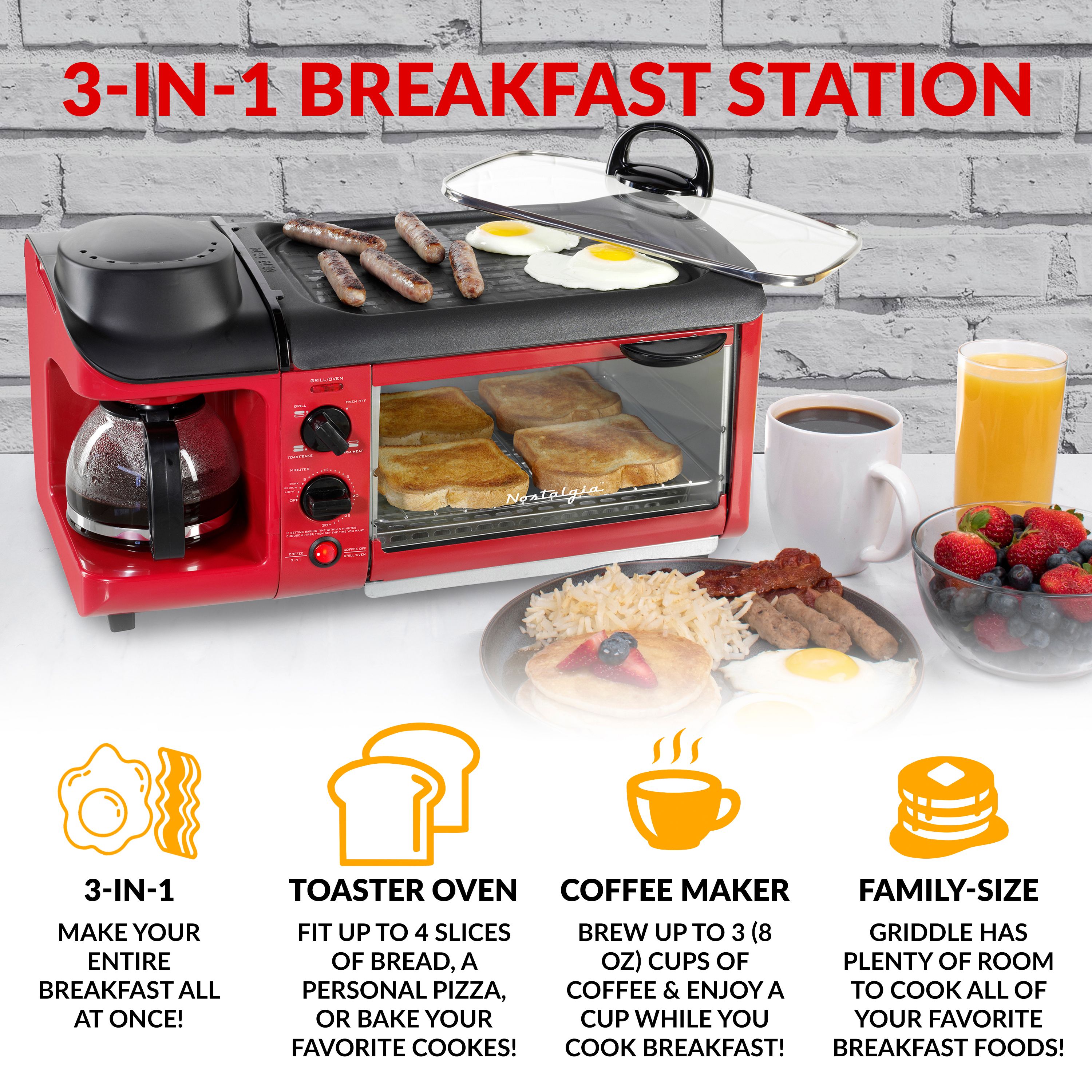 Nostalgia BST3RR Retro 3-in-1 Family Size Electric Breakfast Station, Coffeemaker, Griddle, Toaster Oven - Retro Red - image 2 of 7