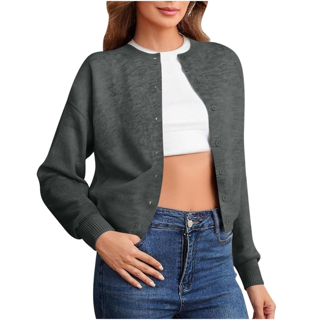 Dealovy Button down Tops for Women Casual Round Neck Long Sleeve Solid Color Drop Shoulder Loose Knitted Cardigan