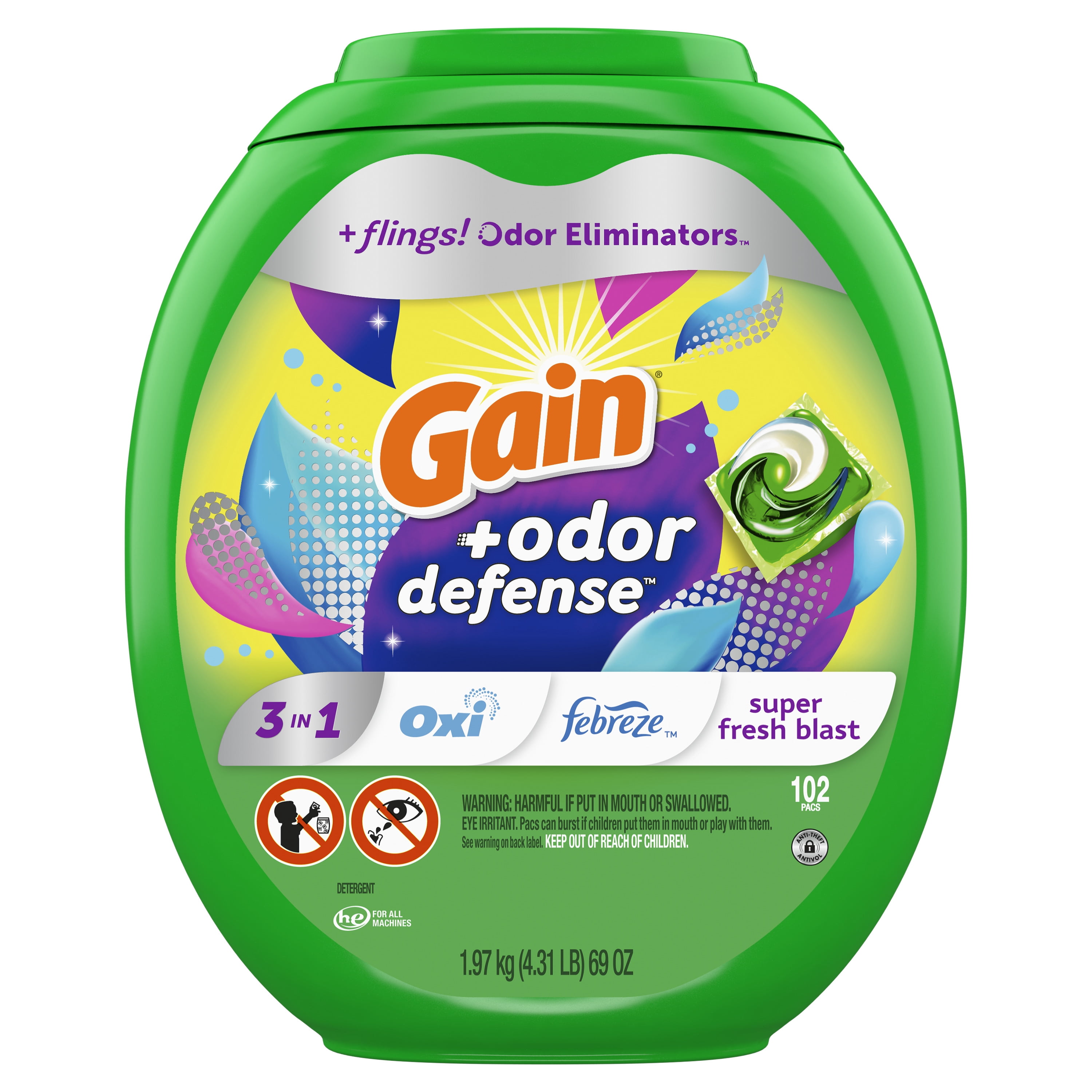 Gain Flings Laundry Detergent Pacs with Odor Defense, Super Fresh Blast Scent, 102 Count