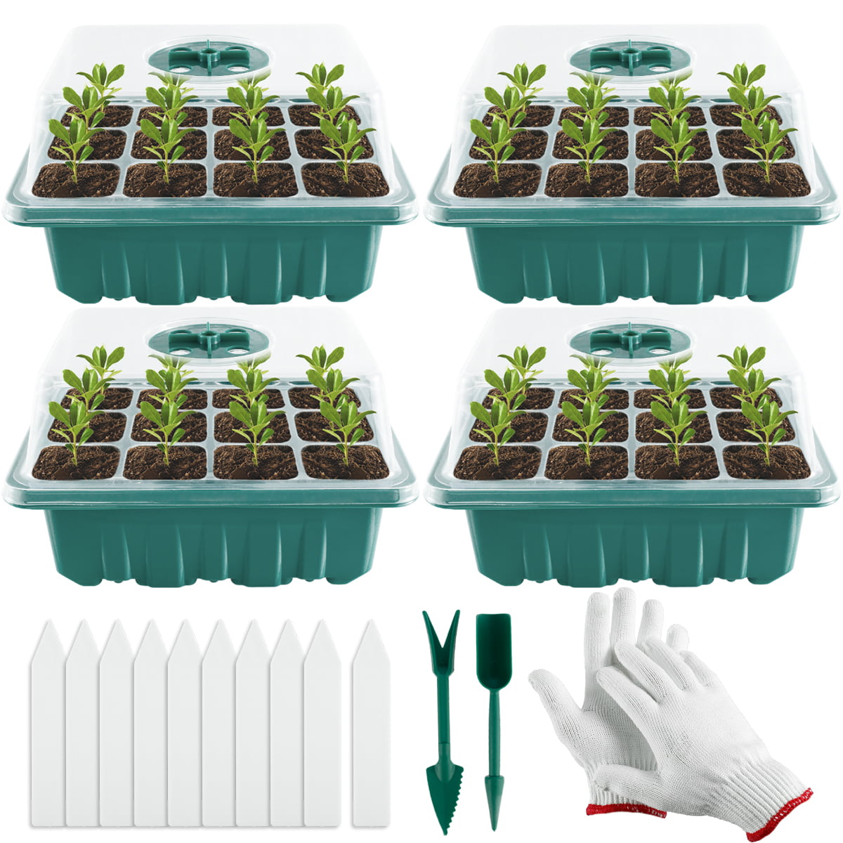 4pcs Seed Trays with Lids 12 Cells Propagators for Plants Plant Germination Trays Humidity Adjustable Seed Starter Kit with 10 White Labels for Greenhouse Indoor Outdoor