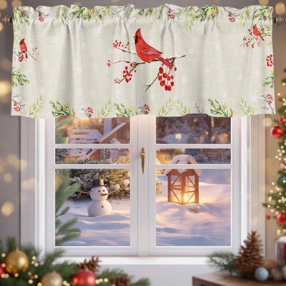 Kitchen Valances for Window, Winter Farmhouse Red Bird Light Filtering Rod Pocket Valance Curtain, Tree Branch Snowflake on Retro Short Curtains Window Topper for Bedroom Living Room 42x12in