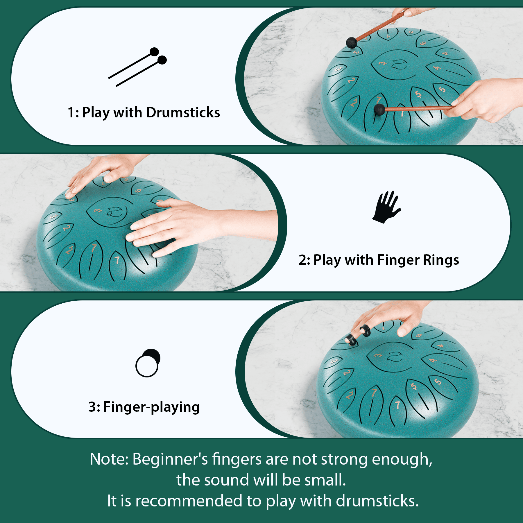 Lidguni 12" 15-Notes C Major Rain Drum, Tongue Pan Drums for Kids Adults, Malachite Green