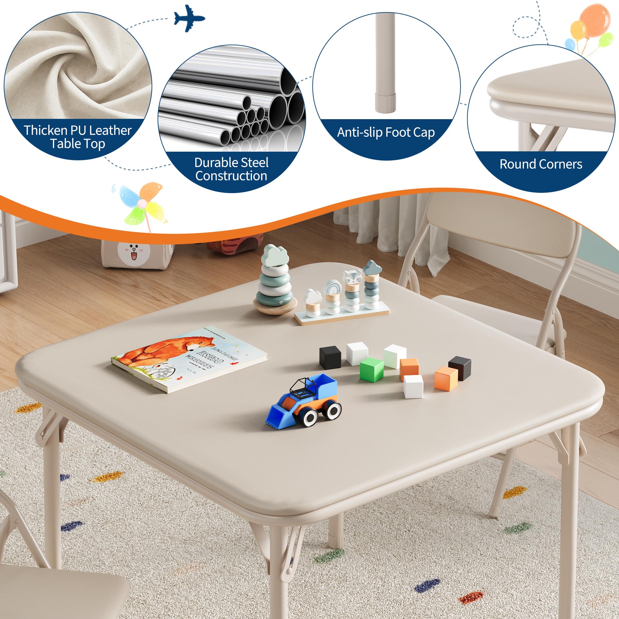 Huisuilinss Kids Folding Table And Chairs,Square Children's Activity Table And Chairs,Kids Table And Chair With Padded Cushion,Metal Folding Activity Table With Chair For Dining Daycare Classrooms