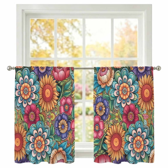 Spring Floral Sheer Curtains 45 Inch Long 2 Panels Sunflower Red Purple Flowers National Vintage Light Filtering Rod Pocket Curtains, Sheer Voile Drapes for Living Room Bedroom 52"x45"