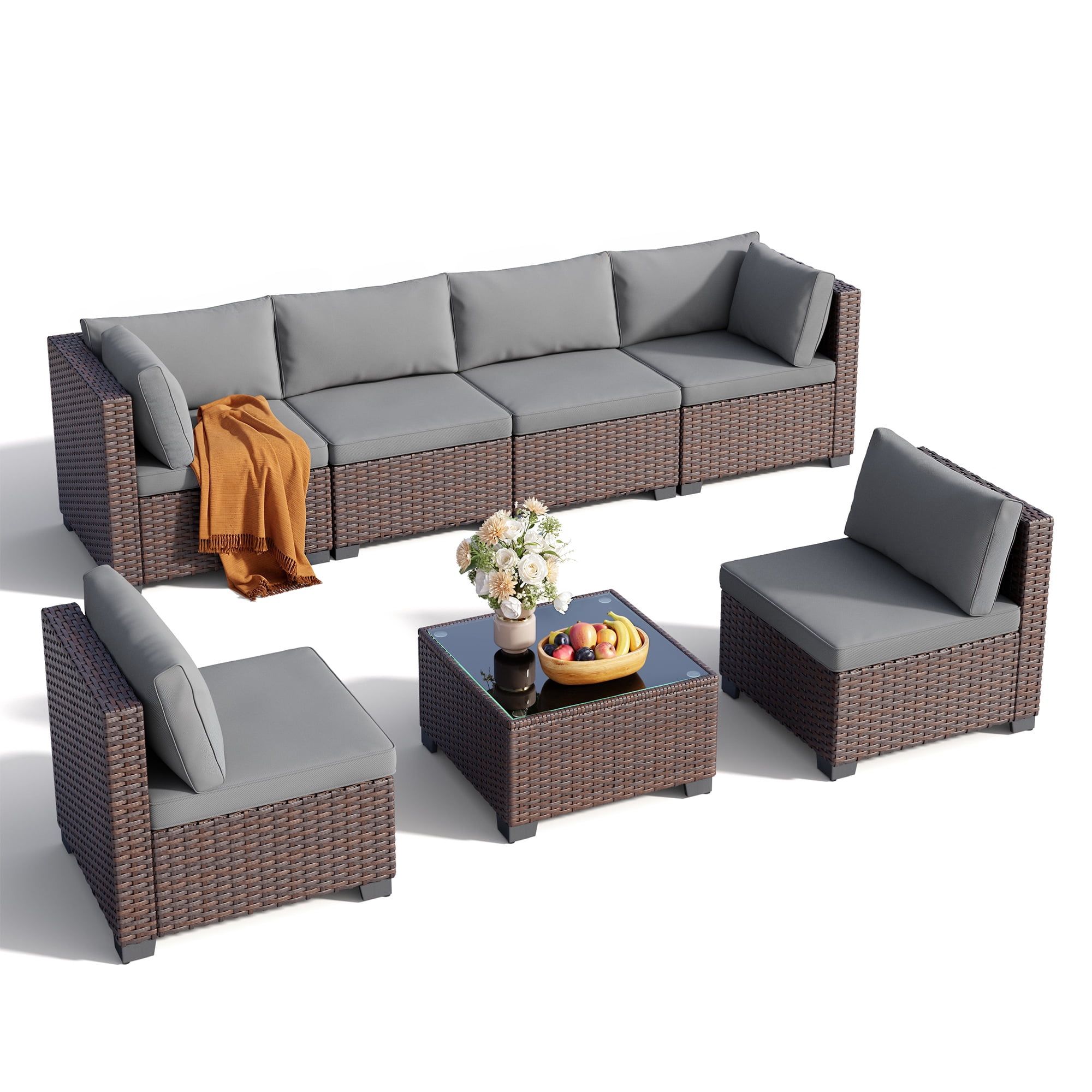 Patio Furniture Set on Sale, Asofer 7 Pieces Outdoor Conversation Sectional PE Rattan Wicker Furniture Sofa, Gray