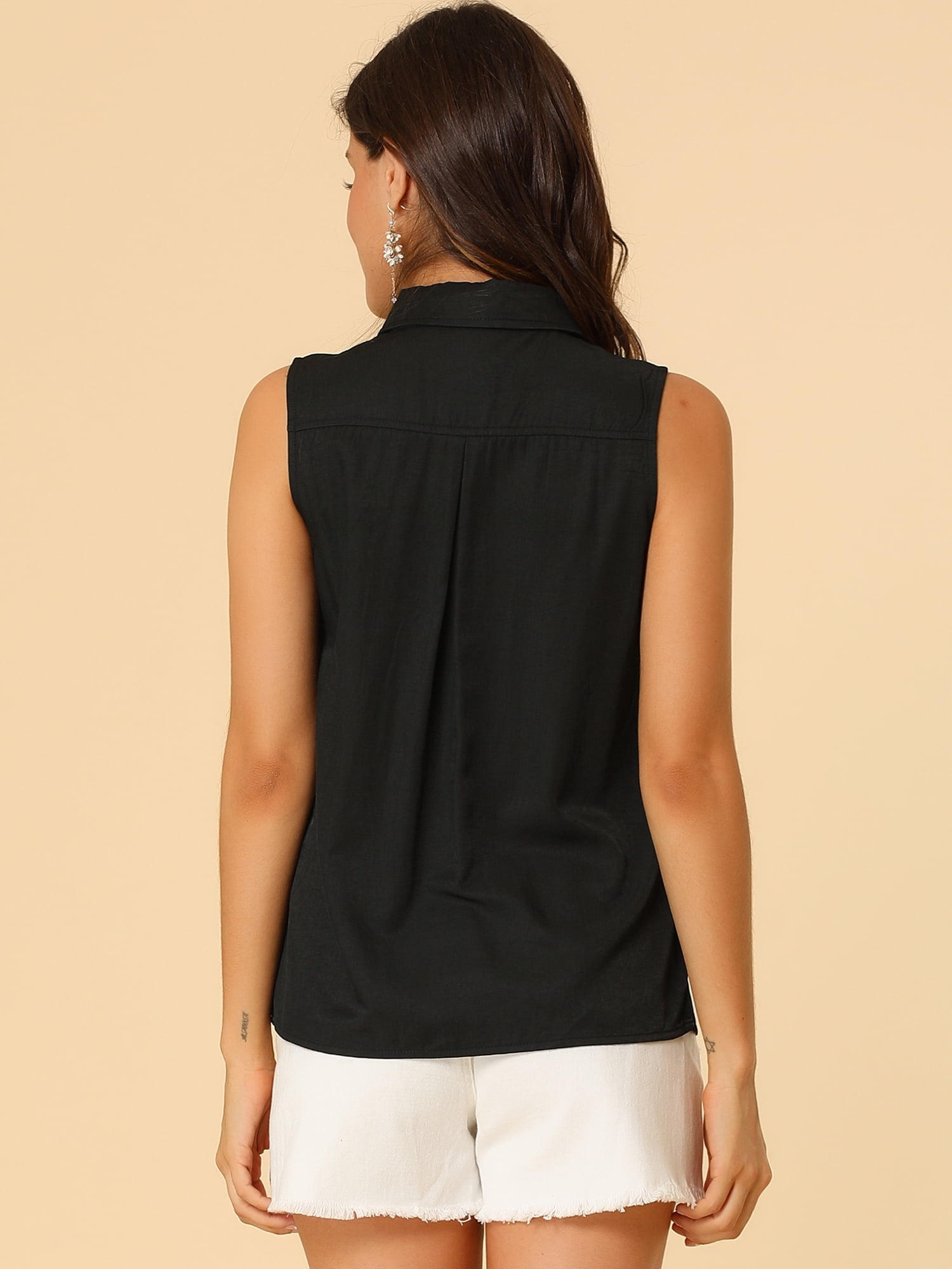 DARING DIVA Women's Single Breasted Point Collar Sleeveless Shirt XL Raven Black
