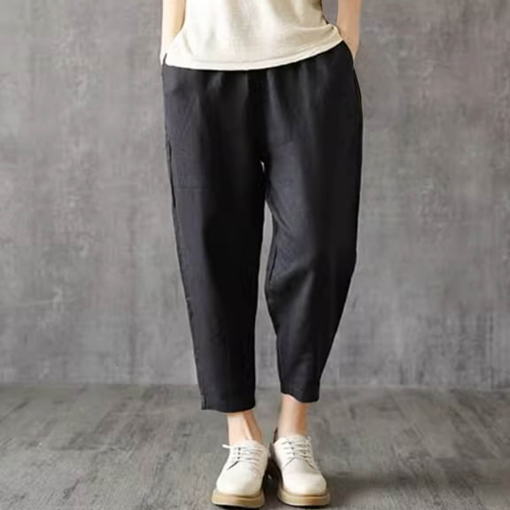 Nrmvnmi Summer Saving 2024 Capri Pants for Women Casual 2024 Summer Drawstring Elastic High Waist Linen Pants Straight Wide Leg Plus Size Lounge Capris For Mens Gifts