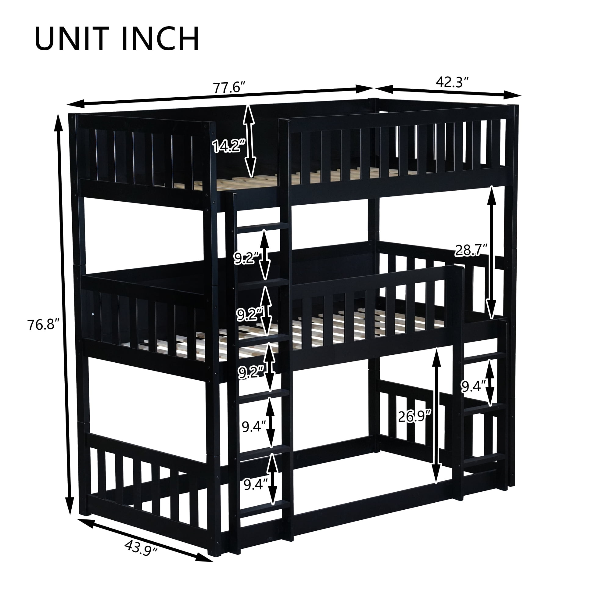 Leumius Twin over Twin over Twin Size Triple Bed Frame with Ladders and Guardrails,Detachable Bunk Bed for Boys Girls Black