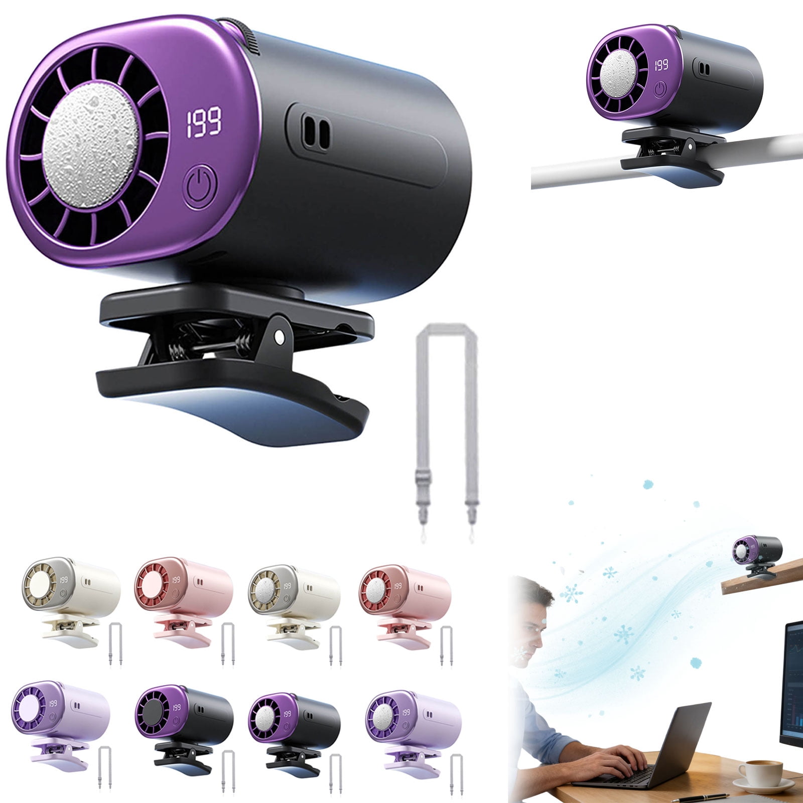2026 Car Clip On Air Conditioner Fan LED Display 360 Rotation 199 Speeds Adjustable USB Rechargeable