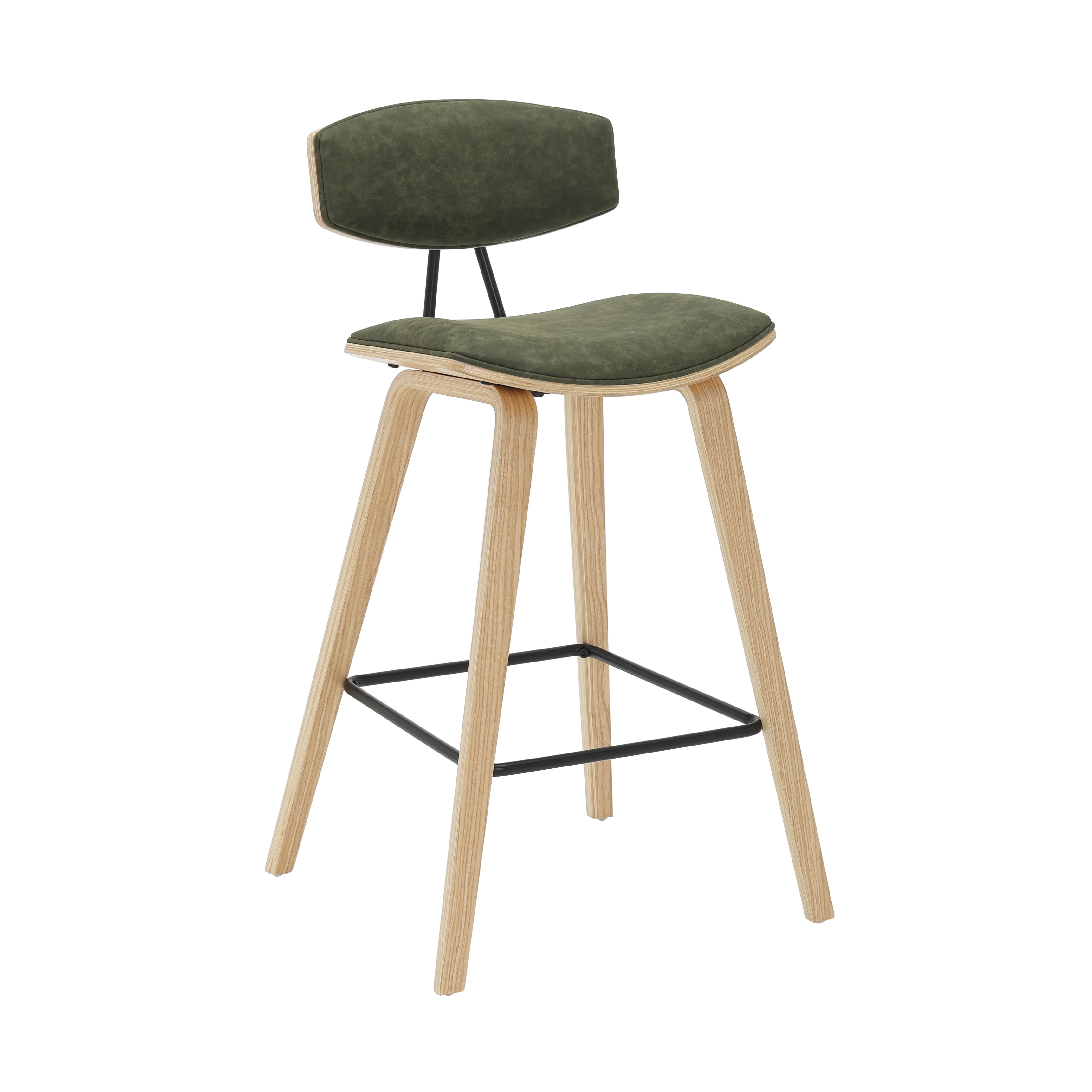 Fox 36 in. H Counter Height Vintage Green Curved Back Wood Bar Stool with Faux Leather Seat