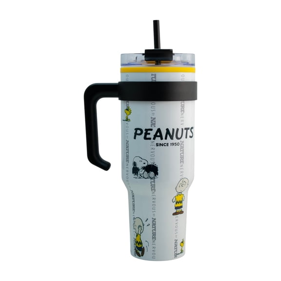 Termo Alto Doble Pared con Asa y Popote, Snoopy & Charlie Brown “Peanuts Since 1950”, Edición 75 Aniversario, Termo Metalizado Rosa, Capacidad 1. 2 L