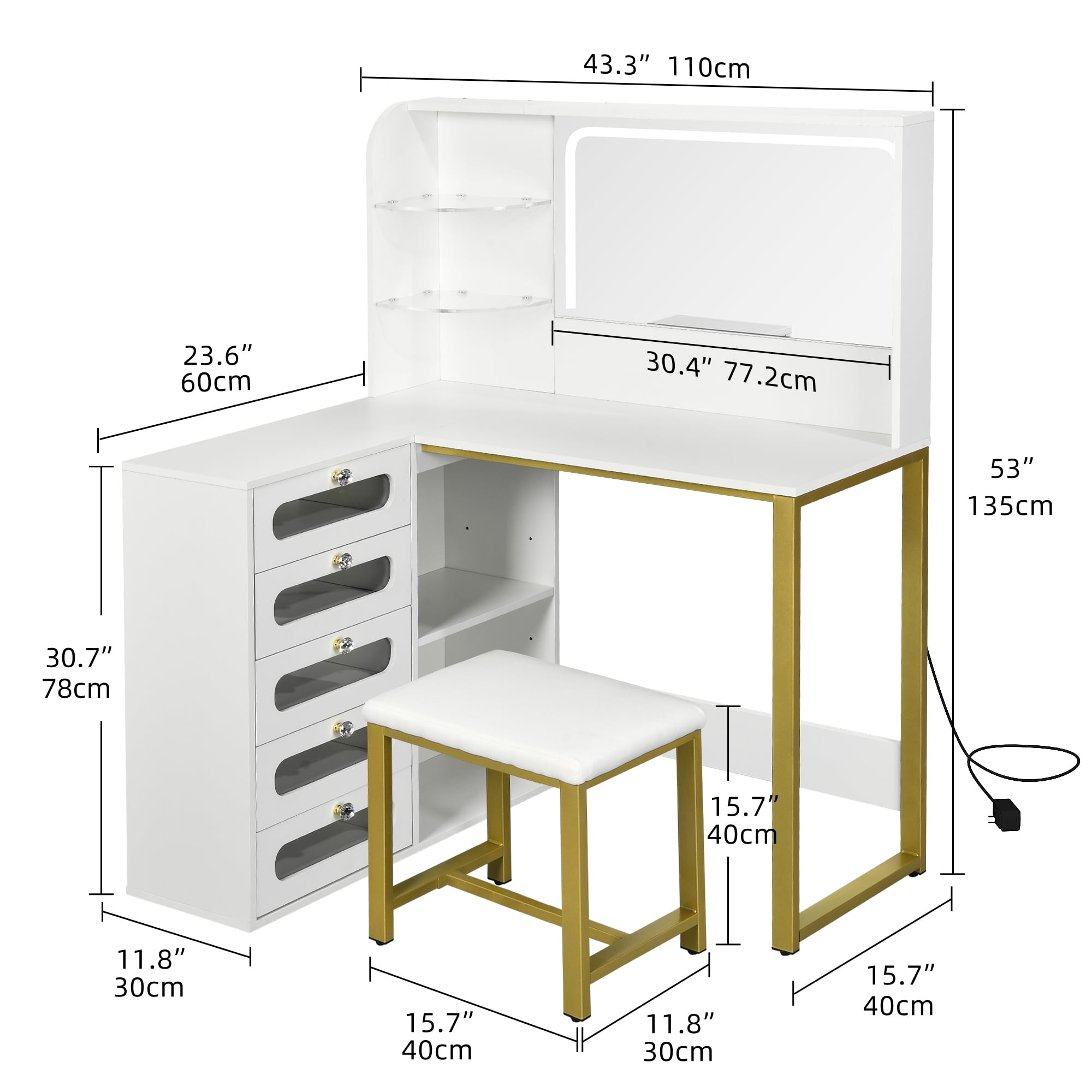 Dextrus Vanity Table Set with Mirror and LED Light, L Shaped Modern Makeup Vanity Dressing Table, 5 Visualized Drawers and Storage Shelves for Bedroom, Gold Corner Vanity Desk for Women Girls,White