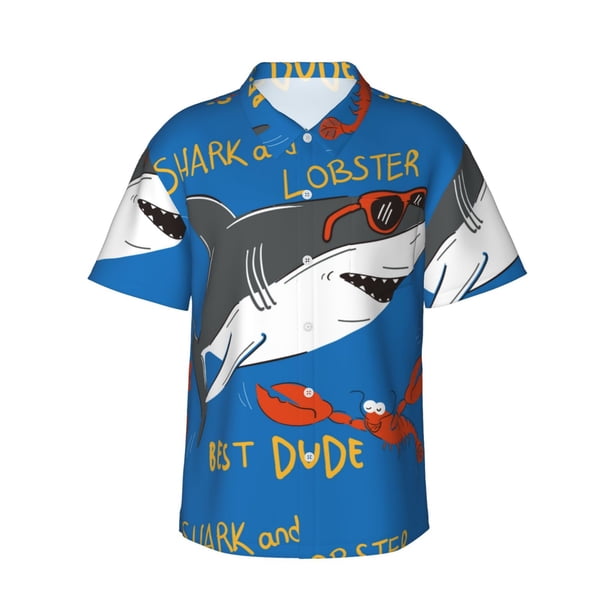 Fotbe Shark With Sunglasses and Lobste Camisa Hawaiana para Hombre Unisex – Camisa Casual de Verano con Botones de Manga Corta de Algodón y Lino,Small