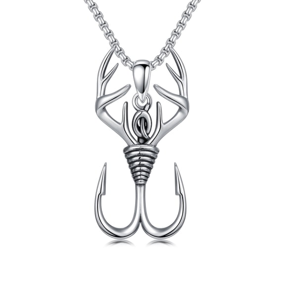 Hunting Antler Necklaces 925 Sterling Silver Deer Antler Fish Hook Necklace for Men Hunting Jewelry for Him Father's Day Christmas Gifts 22" 2" Silver