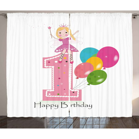 1st Birthday Curtains 2 Panels Set, Princess Fairy Party Theme with Best Wishes Pink Wand and Balloons, Window Drapes for Living Room Bedroom, 108W X 108L Inches, Pale Pink and Lilac, by