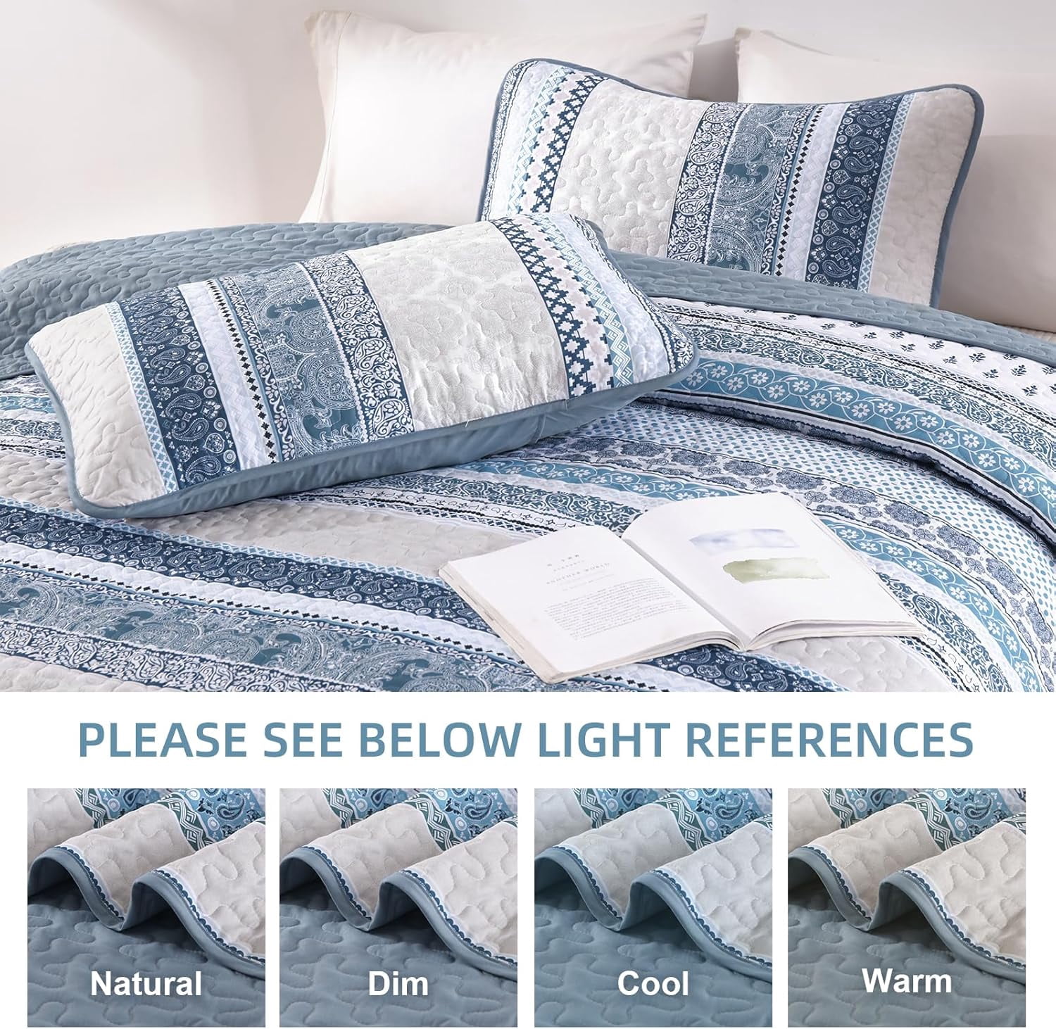 Boho Quilt Set Queen Size, Light Blue Bohemian 3 Pieces Quilt Sets, Lightweight Summer Bedspread Coverlet Bedding Set for All Season (96"x90")