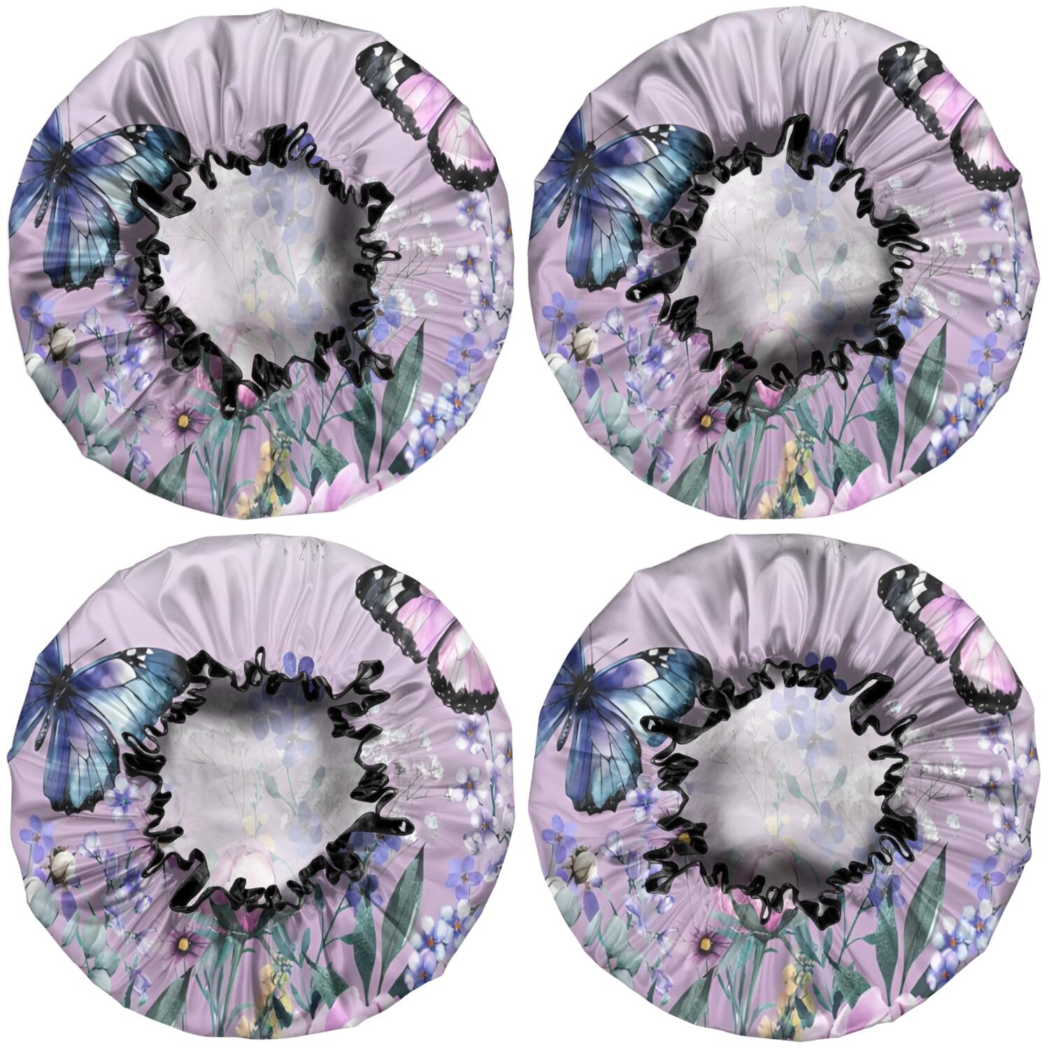 Shower Caps,Purple Butterfly Flower Butterfly Pattern Waterproof Shower Cap for Women 4 Pieces,Double Reusable Hair Cover for Shower PEVA Elastic Stretch Hem