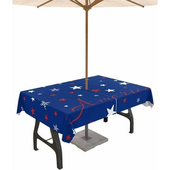 4th of July Outdoor Tablecloth with Umbrella Hole and Zipper Blue Patriotic Star Stripes Tablecloths 60x102 Waterproof Table Cloths Freedom America Patio Table Cloth Cover for Independence Day Party