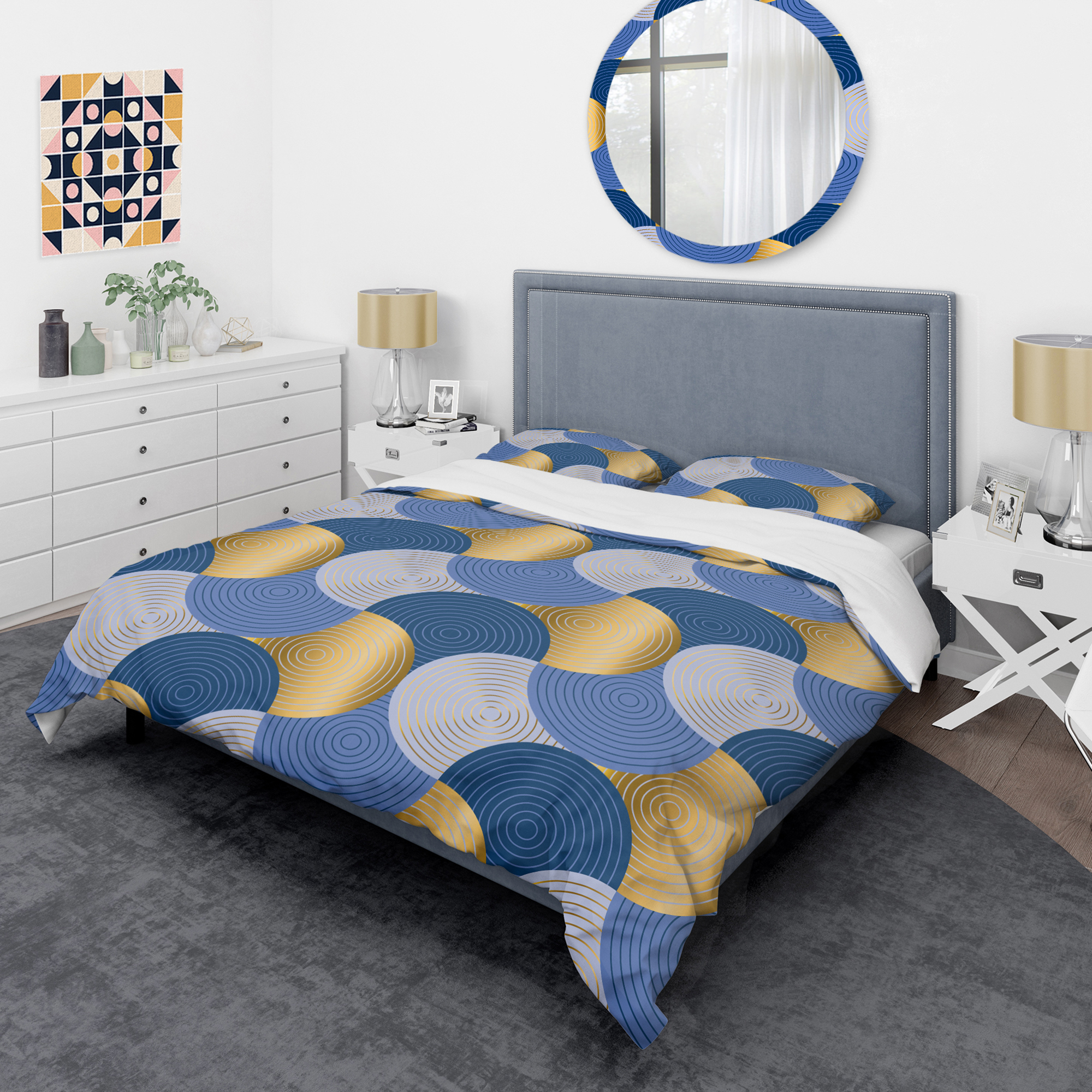 Designart 'Retro Luxury Waves In Gold And Blue X' Mid-Century Modern Duvet Cover Set